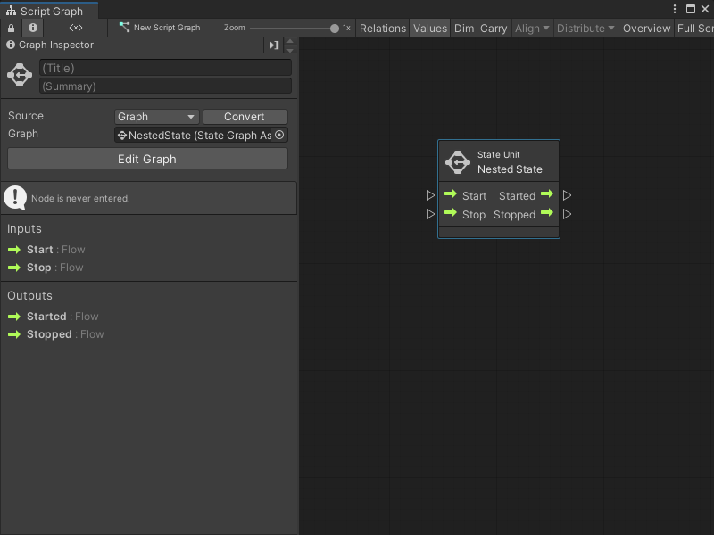 An image of the Graph window, with a new Super Unit node created from an existing State Graph added to a Script Graph.