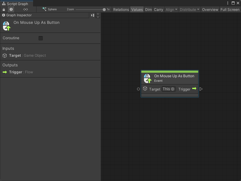 An image of the Graph window. An On Mouse Up As Button node displays with its details in the Graph Inspector.